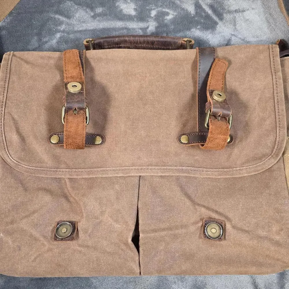 NEWHEY Messenger Bag Leather Canvas Laptop Retro Professional Shoulder Strap